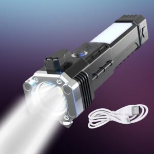 RENMAX Portable Rechargeable Torch LED Flashlight | Long Beam Range with Hammer for Windows Glass/Seat Belt Cutter Magnet 4- Light Modes – 1 Pc