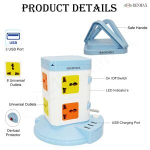 RENMAX Power Extension Board with USB Port Universal Socket 2 mtr Cord Length 250V 10A Multicolor -1Pc (8-Socket & 3-USB)