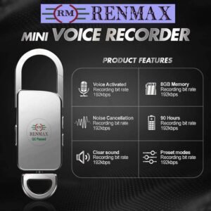RENMAX Digital Voice Recorder MP3 Player Key Chain Rechargeable 8GB Black Metal – Pack of 1