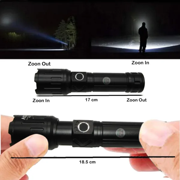 RENMAX Strong Beam Adjustable Focus | Zoom Torch 5-Light Modes | Rainproof Rechargeable design  | 4800mAh Li-ion Battery | Metal Body -1 Pc (18.5 CM Black) 800 Lumen - Image 6
