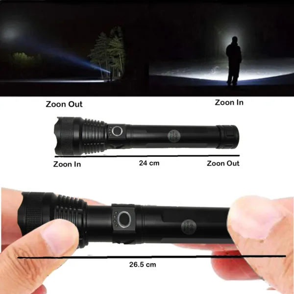 RENMAX Super Strong Beam Zoomable Torch | Rainproof with 5-Light Modes | Blinker SOS | Rechargeable Li-ion Battery | Metal Body Black-Silver -1 Pc - Image 4