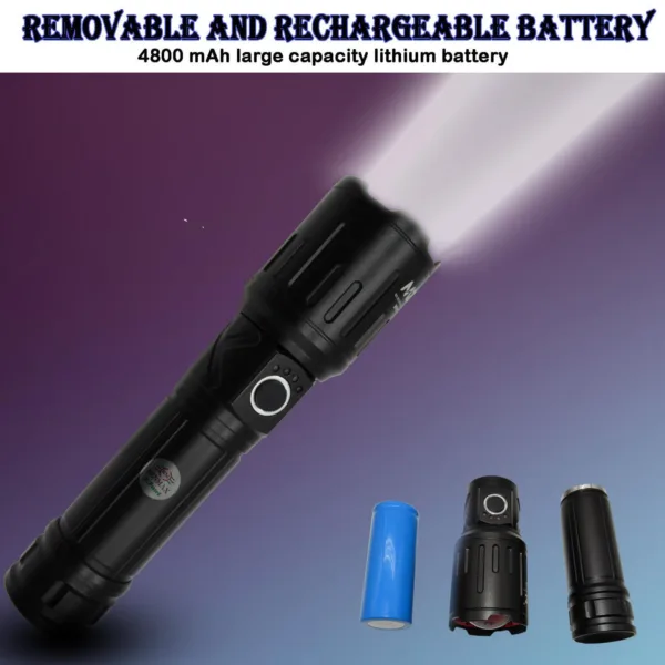 RENMAX Strong Beam Adjustable Focus | Zoom Torch 5-Light Modes | Rainproof Rechargeable design  | 4800mAh Li-ion Battery | Metal Body -1 Pc (18.5 CM Black) 800 Lumen - Image 2