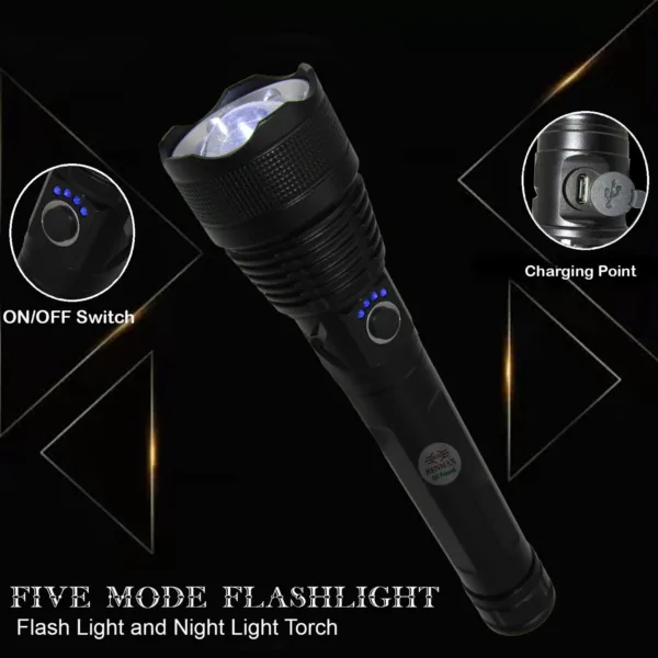 RENMAX Super Strong Beam Zoomable Torch | Rainproof with 5-Light Modes | Blinker SOS | Rechargeable Li-ion Battery | Metal Body Black-Silver -1 Pc - Image 3