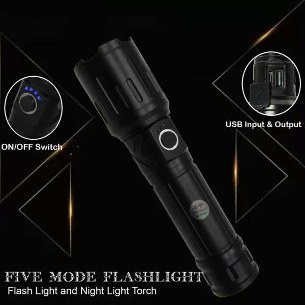 RENMAX Strong Beam Adjustable Focus | Zoom Torch 5-Light Modes | Rainproof Rechargeable design  | 4800mAh Li-ion Battery | Metal Body -1 Pc (18.5 CM Black) 800 Lumen - Image 3