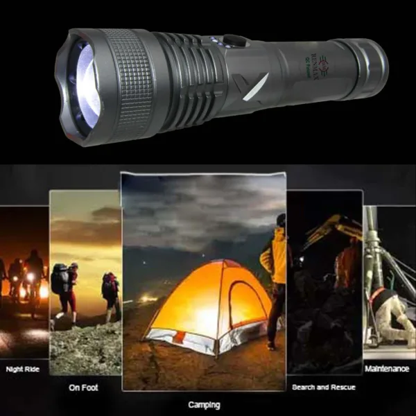 RENMAX Strong Beam Adjustable Focus Zoom Hand Torch 5-Light Modes | 4800mAh Rechargeable Battery | Type-C Fast Charging | Rainproof Metal Body -1 Pc - Image 2