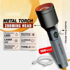 RENMAX Hand Torch Light 100W Zoom Focus Waterproof Rechargeable High/Low/Flash/SOS/Dimmable Light Modes LED Laser Flash Annodised Metal- 1Pc