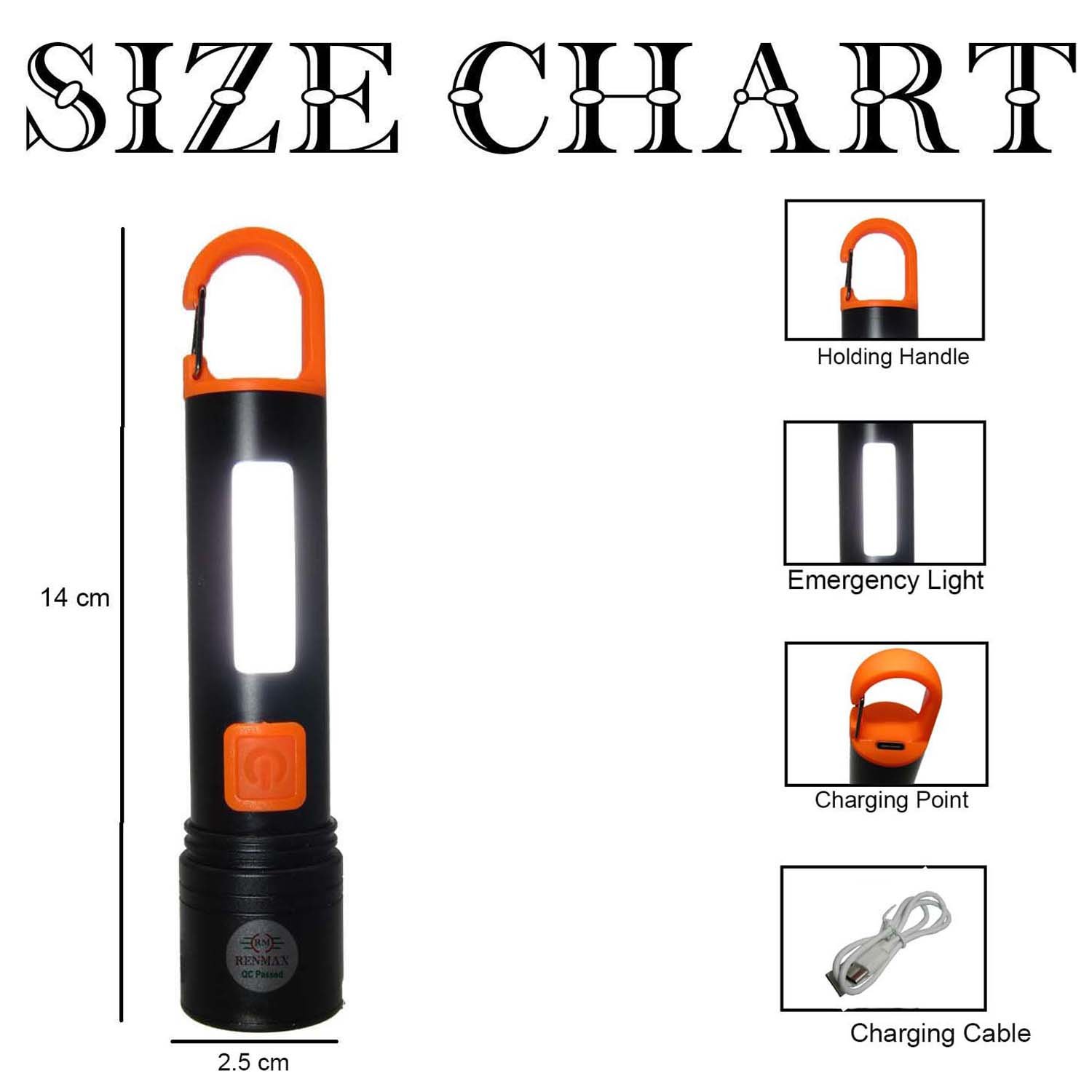 RENMAX LED Torch with Zoom Focus Light Bright Beam 2in1 C-Type Fast Charging Support | Rechargeable Torch with Metal Body -1 Pc (Pocket Size 13Cm) - Image 2