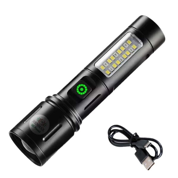 RENMAX Super Bright Hand Torch | 6-Light Modes | 2000mAh Rechargeable Battery with C-Type Fast Charging | Rainproof Metal Body -1 Pc (14 Cm Black)