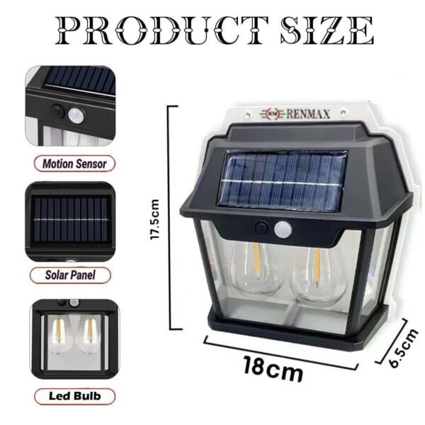 RENMAX Solar Powered Outdoor Waterproof LED Wall Light with Motion Sensor ABS Plastic (Dual LED Bulb) - Image 2