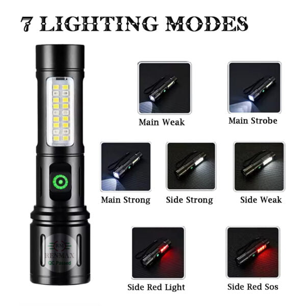 RENMAX Super Bright Hand Torch | 6-Light Modes | 2000mAh Rechargeable Battery with C-Type Fast Charging | Rainproof Metal Body -1 Pc (14 Cm Black) - Image 3