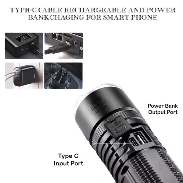 RENMAX Very Strong Beam Telescopic Zoom Hand Torch | 3-Light Modes | 5000mAh Rechargeable Battery with C-Type Fast Charging | Rainproof Metal Front -1 Pc (15 Cm Black) - Image 3