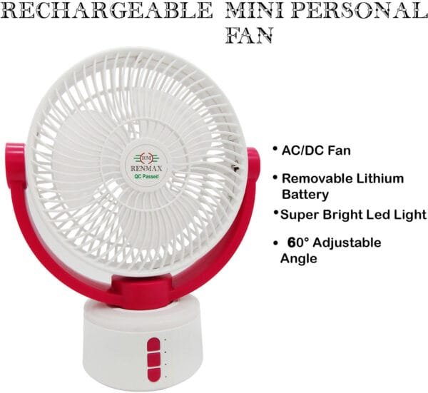 RENMAX Rechargeable Table Fan Desktop Portable with LED Light 3-Speed USB C-Type Rechargeable Dual Li-ion Battery 100° Swing ABS Plastic - 1Pc - Image 3