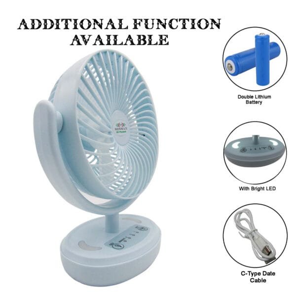RENMAX Rechargeable Mini Table Fan 3-Speed Dual Battery with LED 601 140 mm 3 Blade Table Fan  (Green | Pack of 1) - Image 4
