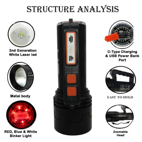 RENMAX Rechargeable Search Zoom Focus Torch High Brightness 500W 3Km Range High/Low/Blinker & Tail Light (White/Red-Blue Blinker) Waterproof 4-8 Hours Working Metal Body Black -1Pc - Image 3