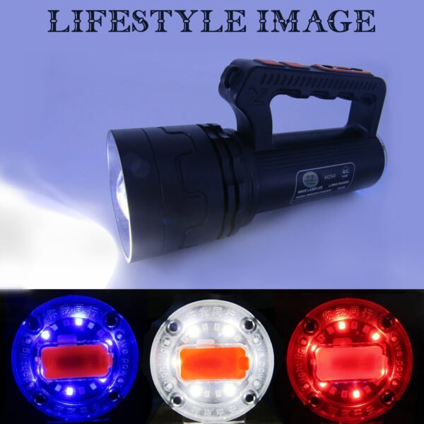 RENMAX Rechargeable Search Zoom Focus Torch High Brightness 500W 3Km Range High/Low/Blinker & Tail Light (White/Red-Blue Blinker) Waterproof 4-8 Hours Working Metal Body Black -1Pc - Image 5