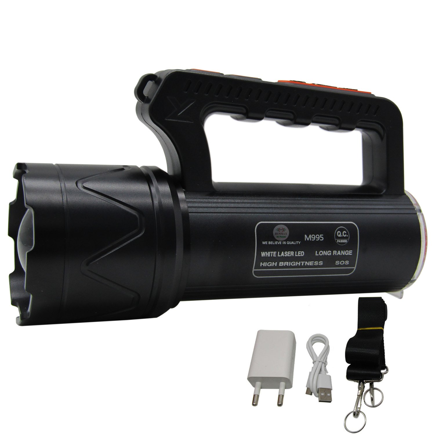 RENMAX Rechargeable Search Zoom Focus Torch High Power Brightness 400W 2Km Range High/Low/Blinker & Tail Light (White/Red-Blue Blinker) Waterproof 4-8 Hours Working Metal Body Black -1Pc