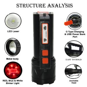 RENMAX Rechargeable Search Zoom Focus Torch High Power Brightness 400W 2Km Range High/Low/Blinker & Tail Light (White/Red-Blue Blinker) Waterproof 4-8 Hours Working Metal Body Black -1Pc