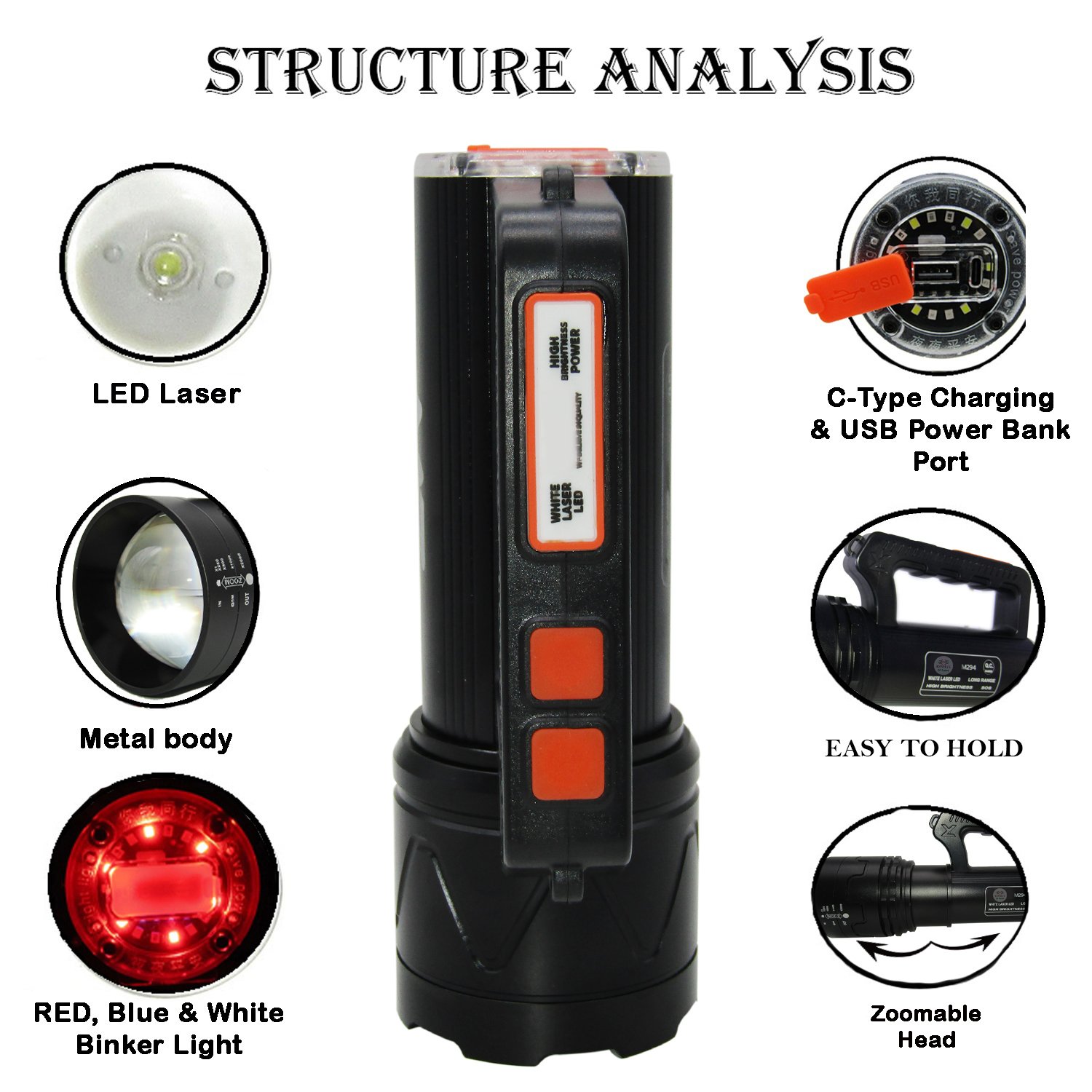 RENMAX Rechargeable Search Zoom Focus Torch High Power Brightness 400W 2Km Range High/Low/Blinker & Tail Light (White/Red-Blue Blinker) Waterproof 4-8 Hours Working Metal Body Black -1Pc - Image 2